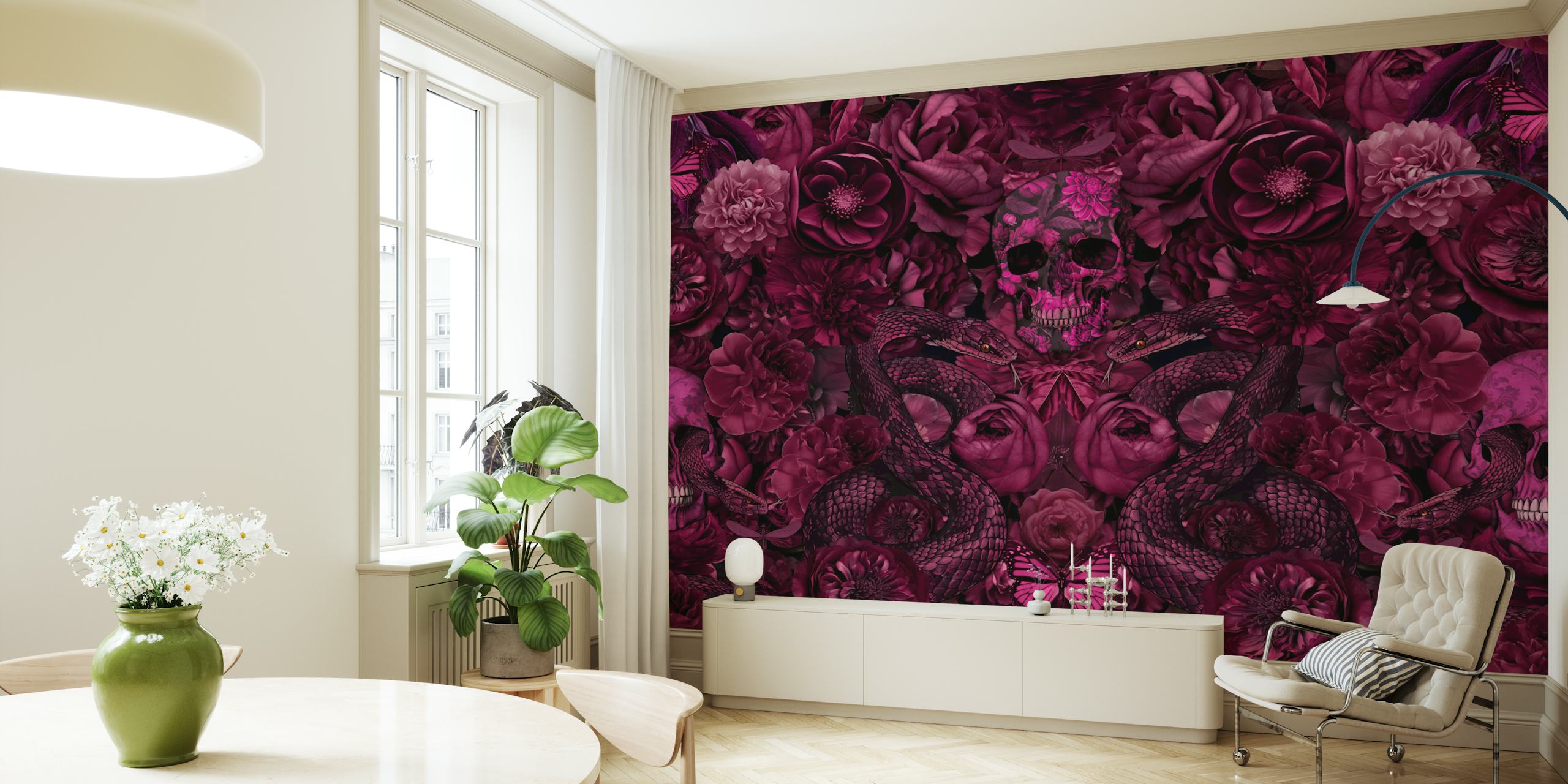 Papier peint goth floral skull snake dans une pièce